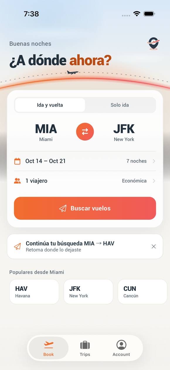 Pantalla de inicio de Zivoya: ¿A dónde ahora? con búsqueda de vuelos MIA a JFK